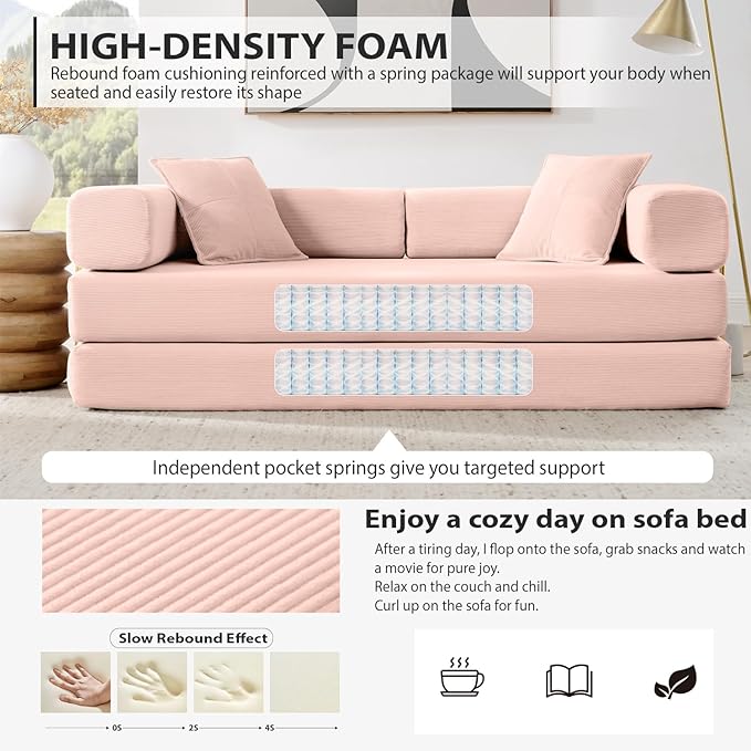 4-in-1 Folding Convertible Sofa Bed 78 Inch Boneless Couch with Fixed-Shape Frame Corduroy Loveseat Sleeper with Pull Out Bed Floor Sofa Modular Futon Couch for Living Room Bedroom Lounge (Pink)