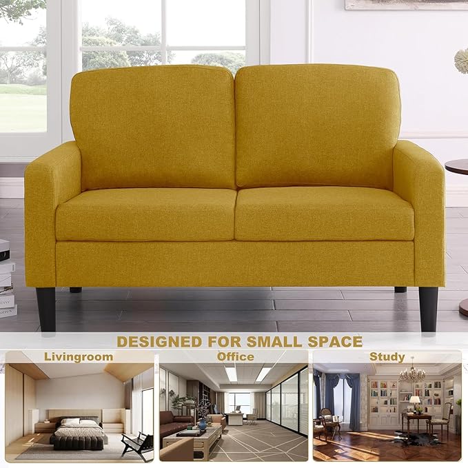 Flesser Loveseat Sofa 53 Small Couch Yellow Love Seat for Small Sapces Comfy Linen Fabric 2 Seater Couch for Bedroom Apartment Office All-Wood Couches Tool-Free