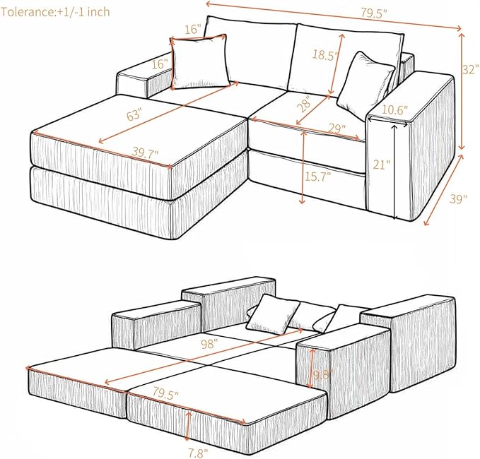 80 Inches Modular Sectional Loveseat Sofa Cloud Boneless Couch with Non-Slip Base Modern Sleeper Sofa Bed for Living Room Small Spaces No Assembly Required Corduroy (Black)