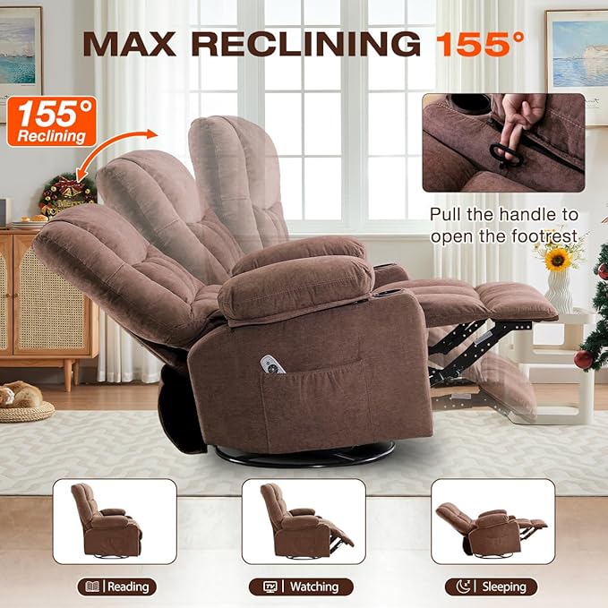 Swivel Recliner Chair for AdultsRocker Recliner with Vibration Massage and Lumbar HeatErgonomic Rocking Chair with Side Pocket2 Cup Holders for Living Room