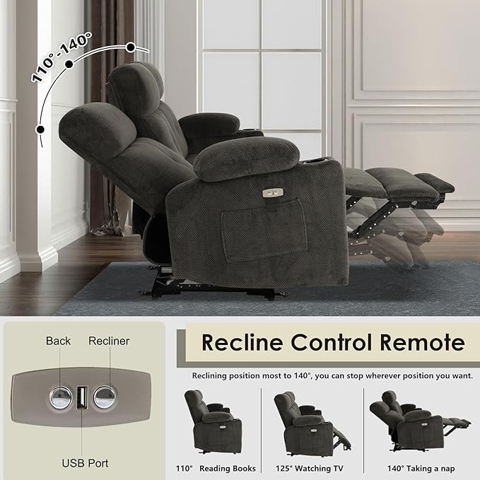 Power Reclining Sofa with Heat and Massage Electric Reclining Couch with Extended Footrest Wall Hugger Recliner Sofa 3 Seater with USB&ampType-c Ports for Living Room Bedroom(Grey)