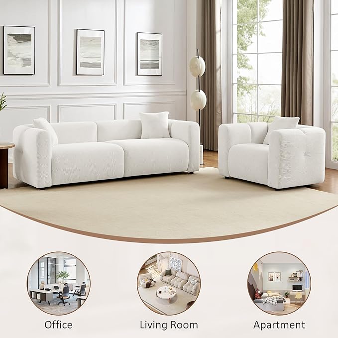 VANOMi 95 Cloud Couch Comfy Deep Seat Boucle Cloud Sofa Upholstered 3-Seater Oversized Loveseat Sofa with 2 Pillows Modern Sofa for Living Room Bedroom Office Apartment (White)