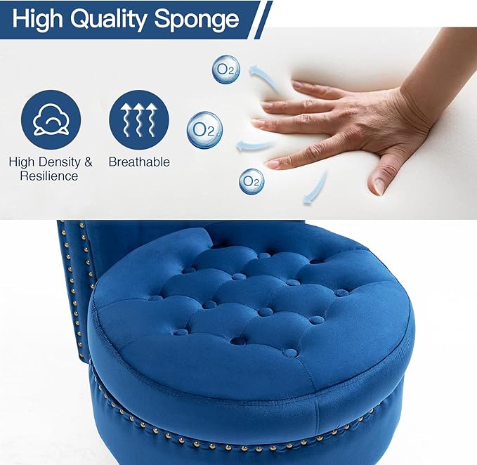 AVAWING High Back Throne Chair Velvet Armless Royal Accent Chair w/Storage Nailhead Trim &amp Rubberwood Legs for Living Room &amp Bedroom Blue