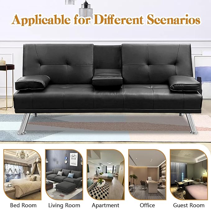 Modern Futon Sofa Bed 67 Inch Leather Convertible Futon Couch Loveseat Sleeper for Small SpacesComfy Folding Recliner Couches for Living Room Adjustable Backrest2 Cup HoldersMetal Legs (BLACK)
