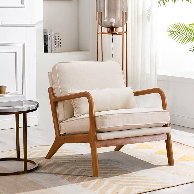 JOYBASE Lounge Accent Chair Mid Century Modern Chair Arm Chair Wood Frame Armchair for Living Room Bedroom (Off-White Fabric)