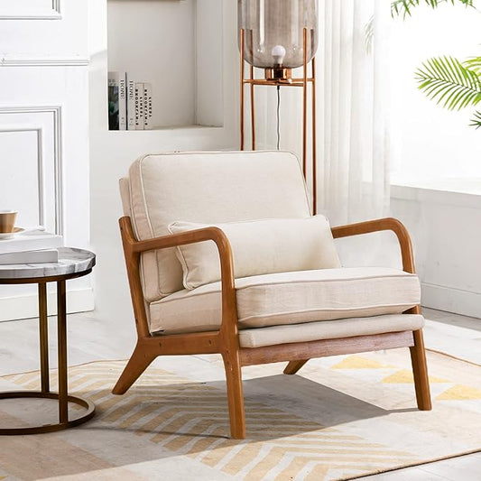 JOYBASE Lounge Accent Chair Mid Century Modern Chair Arm Chair Wood Frame Armchair for Living Room Bedroom (Off-White Fabric)