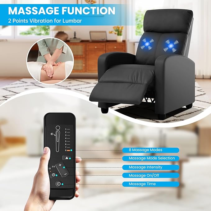 BLKMTY Massage Recliner Chair for Living Room Single Sofa Recliner Adjustable Reading Chairs Modern Ergonomic Recliner Club Chair Home Theater Seating Massage Leather Lounge Black