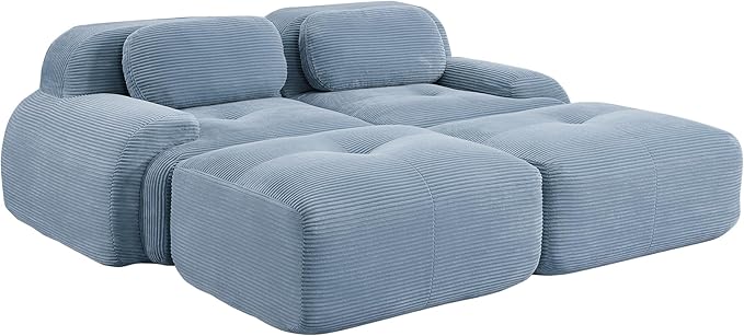 81.8 Sleeper Sofa Cloud Couch Modular Sectional Sofa - Boneless Deep Seat 2-Seater with 2 Movable Ottomans No Assembly Corduroy Upholstery Couches for Living Room (Blue)