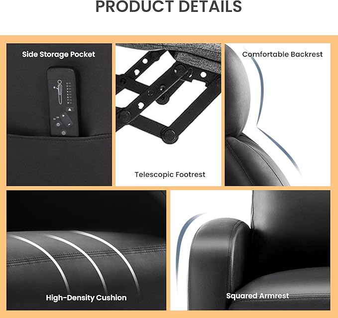 HealSmart Push-Back Reclining Chair Adjustable PU Leather Lounge Seat Comfortable Single Seater for Living Room Bedroom &amp Home Theater Black