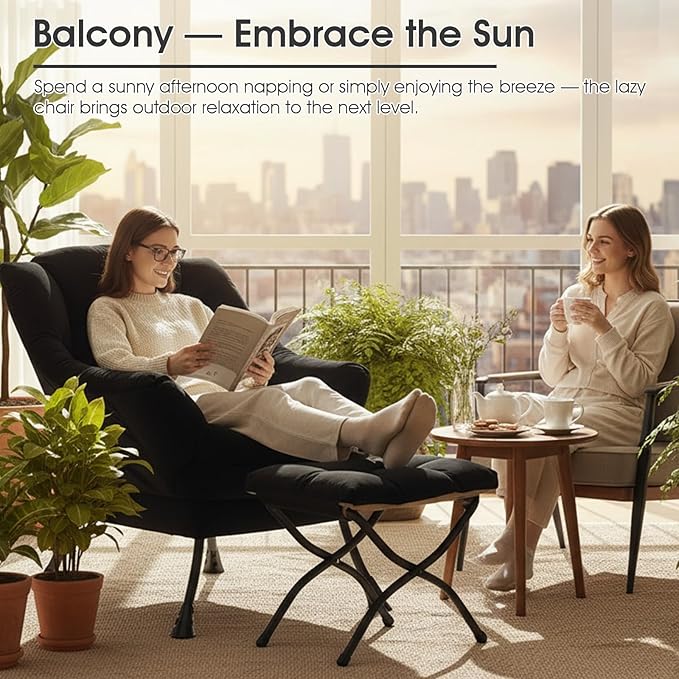 Lazy Chair with Ottoman Large Accent Chair with Ottoman and a Throw Pillow Black Reading Chair for Living Room Bedroom Dorm Room Office Apartment Relaxing Use