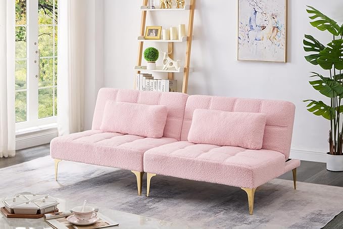 71 Sectional Sofa Bed Convertible Futon Couch with Adjustable Backrest Comfy Loveseat Sleeper with 2 Pillows Modern Armless Love Seat with Gold Metal Legs for Small Living Room Bedroom Pink
