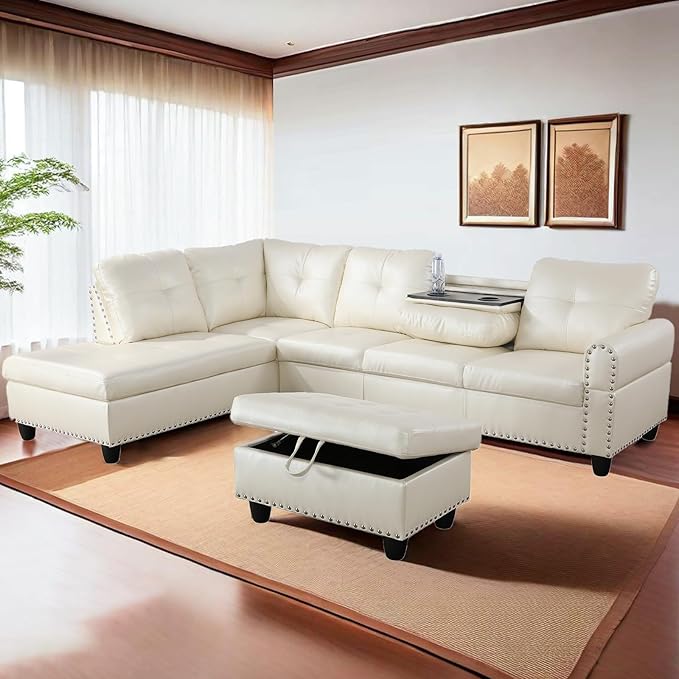 L Shaped Sectional Couch with Storage Ottoman Modern Nailhead Comfy Lounge Sofa with Reversible Cup Holder &amp Chaise 97 4 Seat Modular Sofá for Living Room Apartment Amaranth
