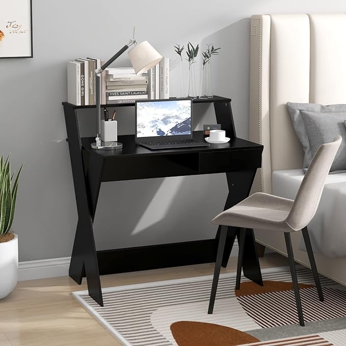 Tangkula 2-Tier Computer Desk with Storage Drawer Small Writing Desk with Monitor Stand Riser Thoughtful Footrest &amp X-Shaped Legs Compact Study Table for Small Space Home &amp Office (Black)