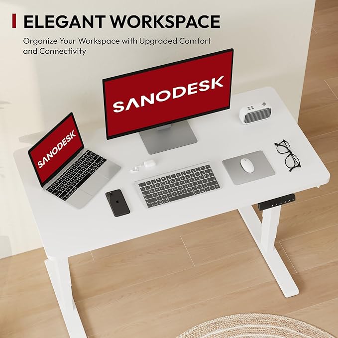 SANODESK 48 Electric Standing DeskOne-Piece Dual Motor Height Adjustable Desk Stable and Durable 3-Stage Stand up Desk for Home Office (White Frame/48 x 30 Inch White top)
