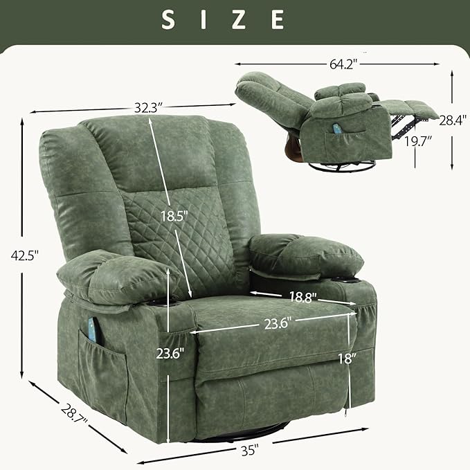 Faux Leather Swivel Rocker Recliner with Heat and Massage Cup Holders Overstuffed Rocking Glider Chair Heated Massaging Reclining Chair Green