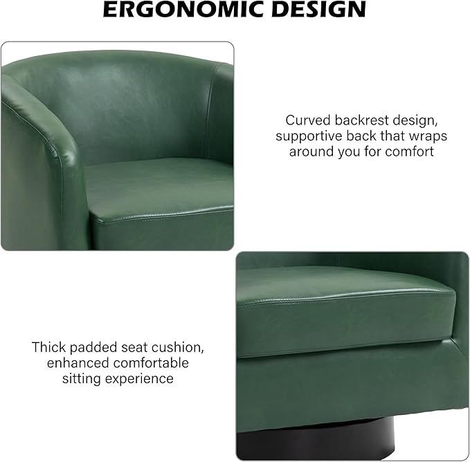 Swivel Barrel Accent Chair Modern Round Faux Leather Arm Chair for Living Room Bedroom Comfy Club Reading Chairs for Adults(Faux Leather Green Set of 2)