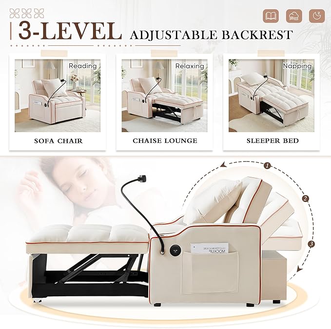 Convertible Sleeper Chair Sofa Bed3 in 1 Velvet Tufted Pull Out Couch with Swivel Phone Holder &amp USB PortsFuton Small Couch Bed w Cup Holders &amp Adjustable Backrest for Living RoomSmall Plac