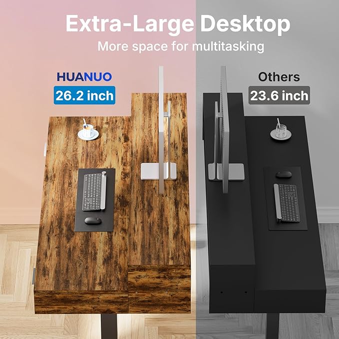 HUANUO 48″ x 26″ Electric Standing Desk with 2 Drawers &amp24.4″ Large Keyboard Tray C-Clamp Mount Compatible Adjustable Computer Desk for Office Sit Stand Up Desk with 4 Height Presets Vintage B