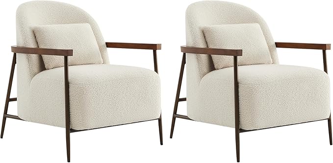 CHITA Accent Chair for Living Room Set of 2 FSC Certified Modern Upholstered Faux Sherpa Fabric Armchair with Metal Frame and Wooden Armrests Ivory