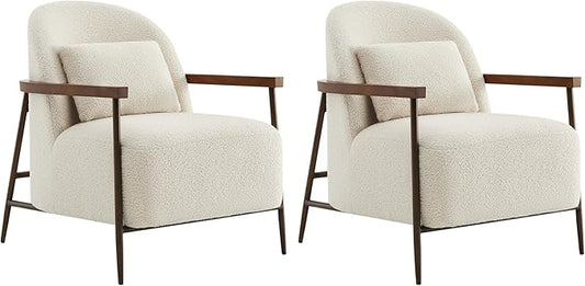 CHITA Accent Chair for Living Room Set of 2 FSC Certified Modern Upholstered Faux Sherpa Fabric Armchair with Metal Frame and Wooden Armrests Ivory