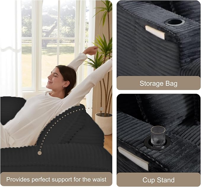 47 Boneless Chair Chaise Lounge: Oversized Comfy Corduroy Upholstered Indoor Couch with Armrets and 3 Pillows for Living Room Bedroom and Apartment Deep Seat Sleeper Sofa Grey