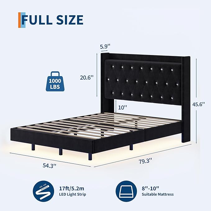 IDEALHOUSE Full Size Bed Frame with LED Lights Floating Platform Bed with Velvet Upholstered Storage Headboard No Box Spring Needed Noise Free Easy Assembly