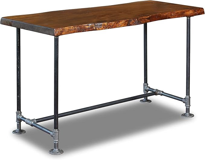 Industrial Pipe Desk Live Edge Top Vintage Table (Honey Pine) — Rustic Live Edge Slab Desk with Steampunk Pipe Legs