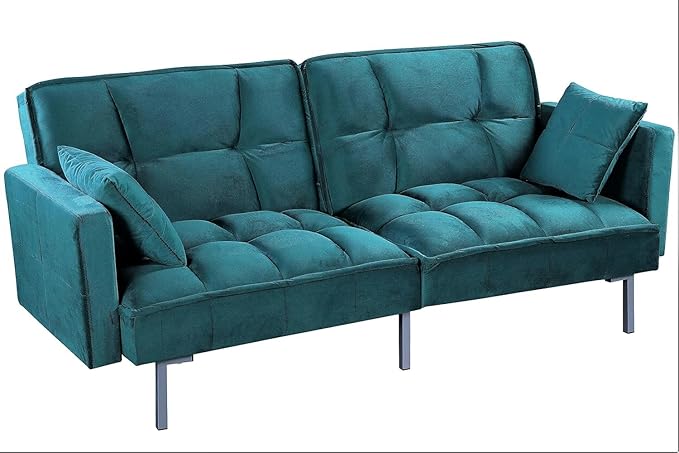 Regal 75.6 Velvet Convertible Sofa Bed - Mid-Century Sleeper Couch w/Tufted Design &amp Metal Legs - Pull-Out Futon for Guests/Home (75.6 W x 34.6 D x 32 H) Blue