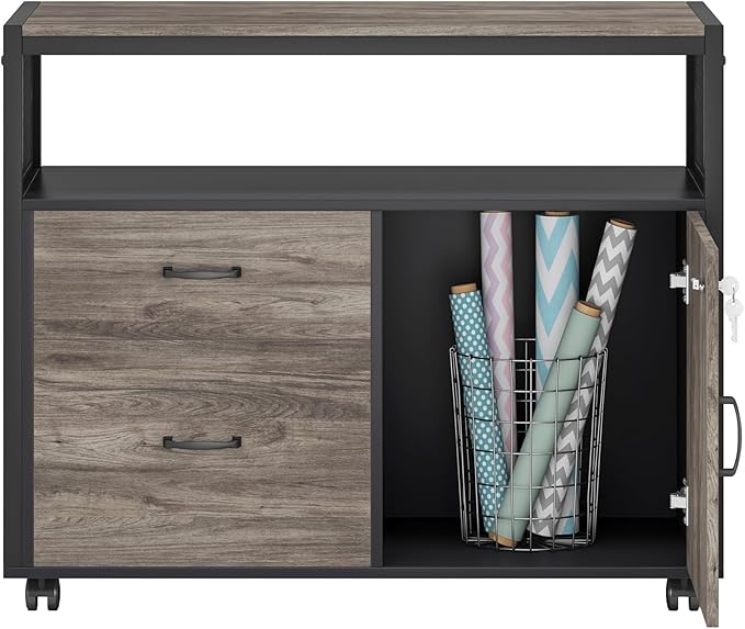 Tribesigns Modern File Cabinet with Drawers for Letter-Sized File and Door Lockable lateral Filing Cabinet Printer Stand with Storage Shelves and with Rolling Caster for Home Office (Gray)