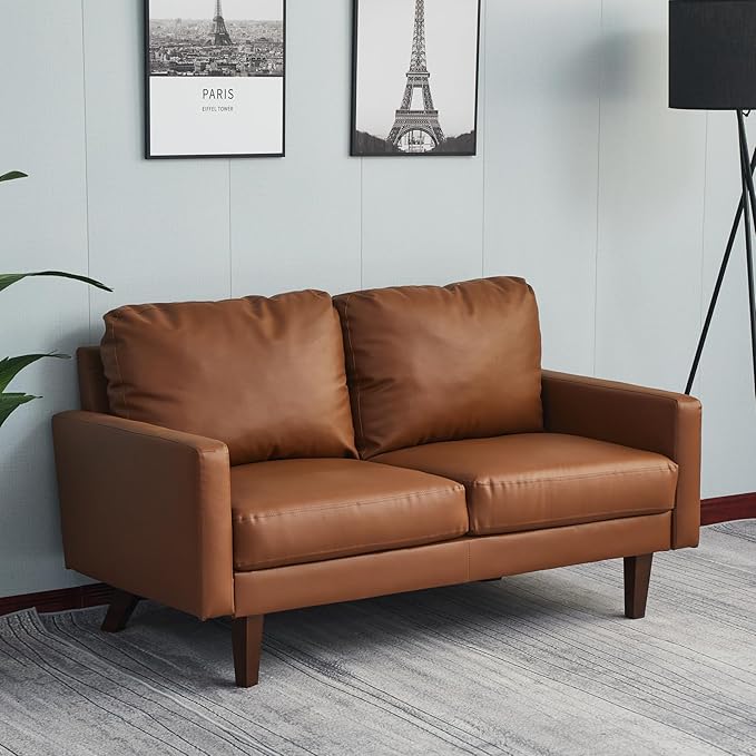 Faux Leather Loveseat Mid-Century Modern Sofa with Wooden Legs for Living Room Office-Brown