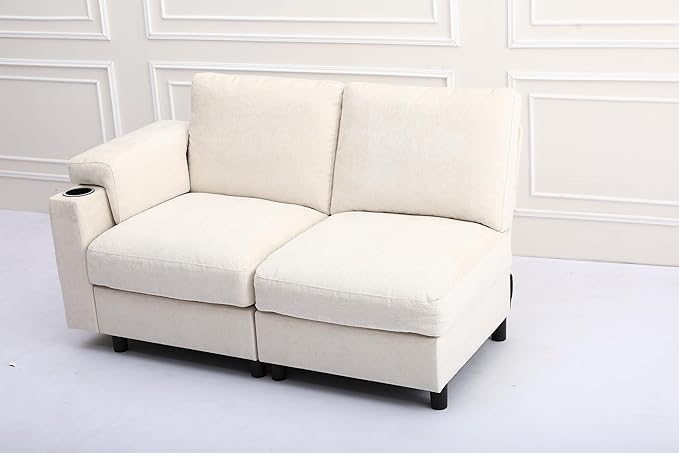 Sectional Couches for Living Room Velvet Modular Couch Oversized Cloud Sofa Chaise Detachable Armrest Cushion Cup Holder (Beige 2 Seat)