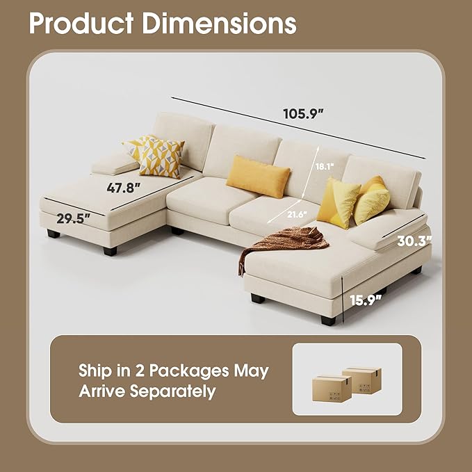 Furmax Sectional Couches for Living Room U-Shaped Sofa Couch with Linen Fabric 4 Seat Sofa Set with Double Chaise for Apartment (Fabric White)