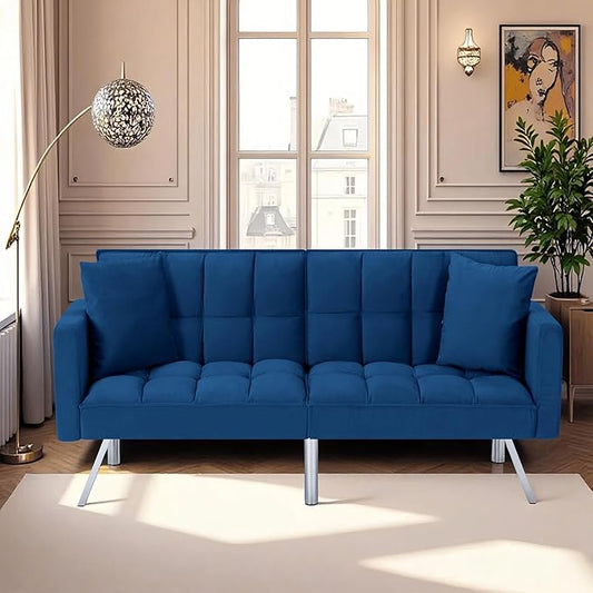 78 Modern Sofa Bed FutonConvertible Sleeper Bed Couch with 4 Reclining BackrestComfy Velvet Cloud Sofa Loveseat for Living Room Bedroom Office (Navy)