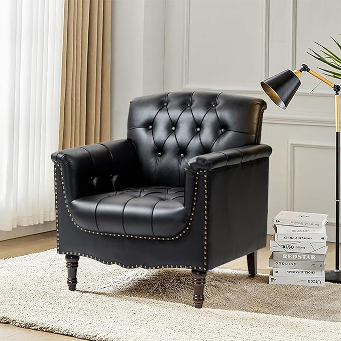 Faux Leather Accent Chair PU Leather Modern Comfy Upholstered Armchair with Wood Legs &amp Nailhead Trim for Living Room Bedroom (BlackSet of 2)