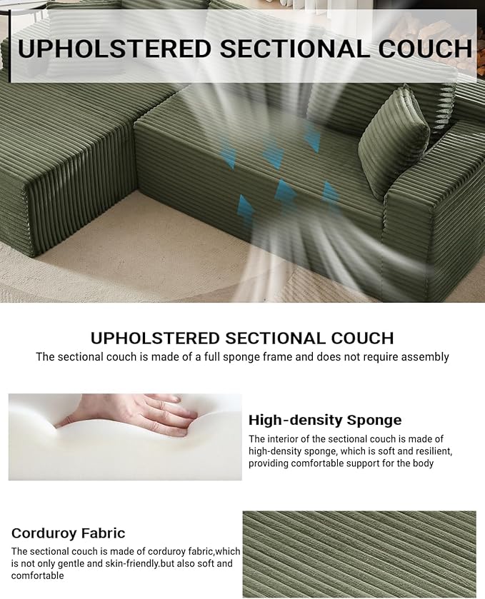 Boneless Couch for Living Room 104 Inch Cloud sectional Couch with Deep Seat Corduroy Modular Sectional Sofa with L-Shape Chaise No Assembly Required (Green Left Facing Chaise)