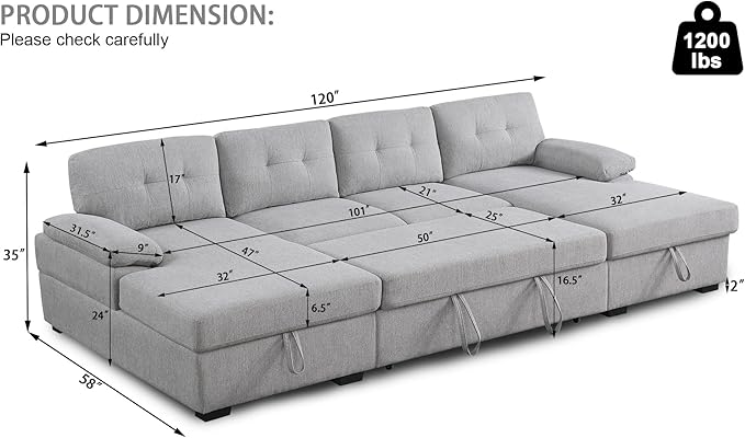 BEEY Sectional Sleeper Sofa 120 Oversized Couch Bed 4 Seat Sofa Bed U Shaped Sectional Couch with Pull Out Bed and Double Storage Chaise for Living Room Bedroom Light Grey
