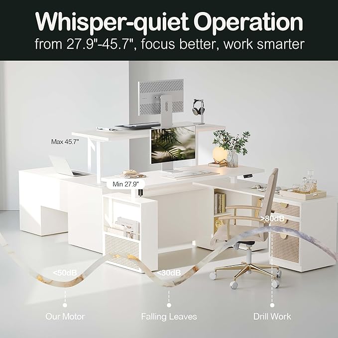 63 Standing Desk with File Cabinet Privacy Panel AC/USB 1.18 Desktop Executive L Shaped Height Adjustable Desk Electric Stand Up Table with 3 Drawers White Rattan