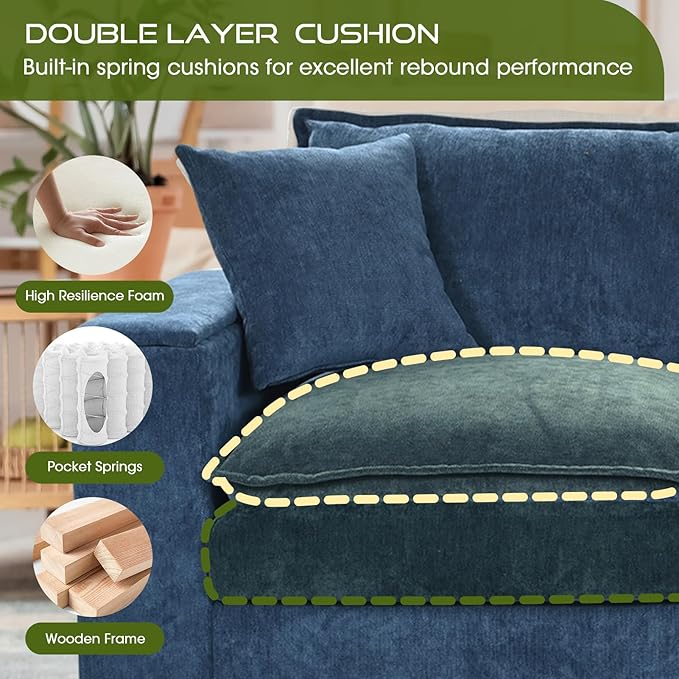 97 L Shaped Couch Corner Sofa 5 Seater Oversized Cloud Couch with 2 Pillows Chenille Modular Sectional Sofa Armrests with Two Hidden Storage Space Sectional Couches for Living Room Dark Blue