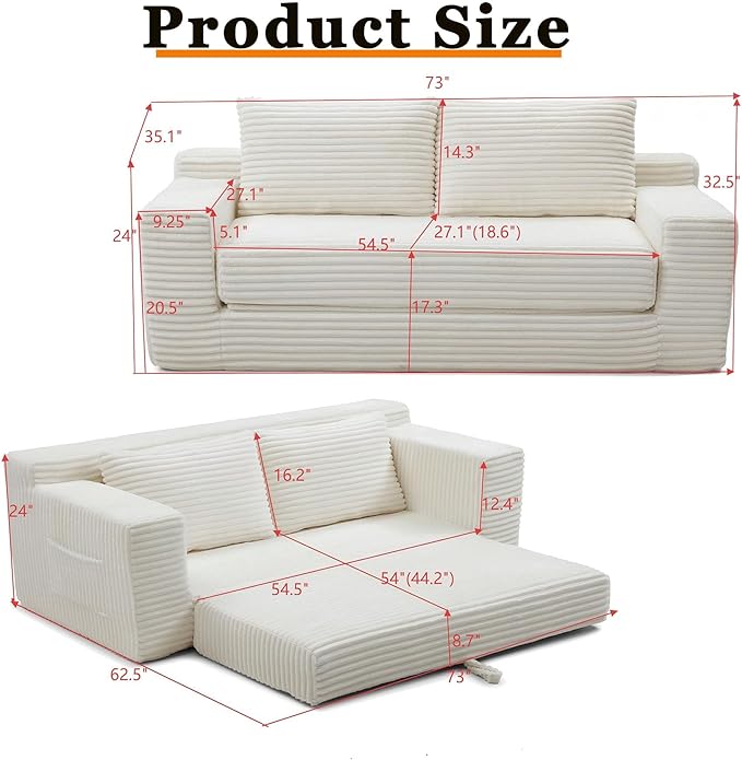 73 Cloud Loveseat Sofa Bed Beige - Boneless 2-Seater Couch No Assembly Convertible Folding 2-in-1 Design Small Space Corduroy Memory Foam Floor Lounge Couch for Bedroom Living Room (Beige)