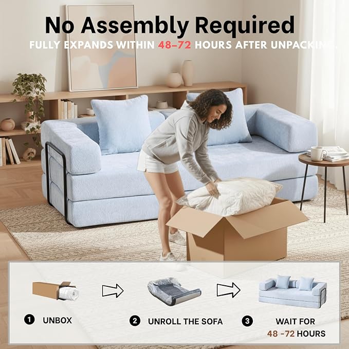 4-in-1 Folding Convertible Sofa Bed 77 Floor Couch with Pillow - Chenille Fabric &amp High-Density Sponge &amp Fixed-Shape Frame Modular Sofa for Living Room/Lounge/Studio Blue