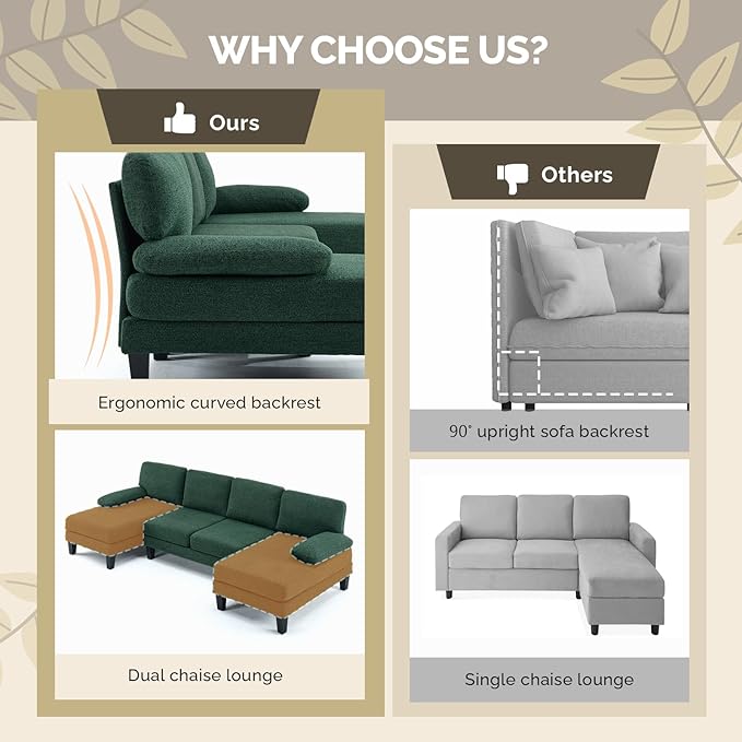 VINGLI 110' U-Shaped Sectional Couch with Two Chaise Affordable Small Sofa with 4 Seats Chenille Fabric Comfy Couches for Living Room Dark Green