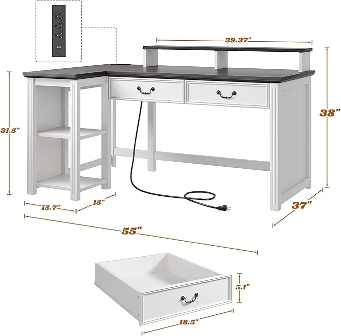 EnHomee 55 L Shaped Farmhouse Computer Desk with Drawers Office Desk with Long Monitor Stand &amp Storage Shelves for Bedroom Desk for Home Office Desks with Power Outlets &amp LED Lights Study