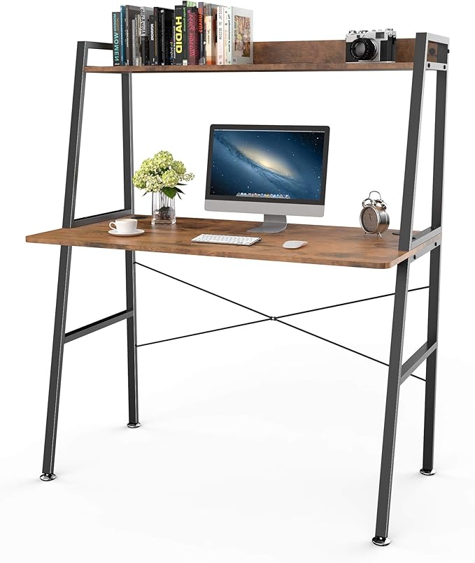EUREKA ERGONOMIC43 Inch 2-Tier Home Office Students Study Writing PC Gaming Table with Bookshelf Small Computer Ladder Desk with Storage ShelvesModern Workstation for Space Saving Rustic Brown
