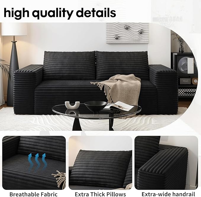 71 Cloud Loveseat Sofa Modern Corduroy Boneless Couch with Deep Seat Memory Foam Comfy 3 Seater Foam Floor Couches for Living Room Bedroom Apartment No Assembly Required (Black 71+3 Seaters)