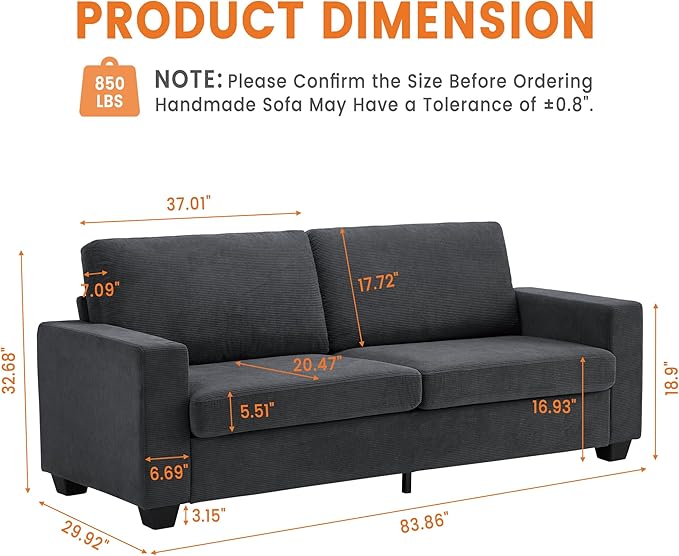 Modern Loveseat Sofa Couches for Living Room 83 Boneless Comfy Corduroy Sofa for Apartment Bedroom or Office Soft Upholstered Couch for Compact Spaces Deep Seats Wood Frame Removable Cover Gray