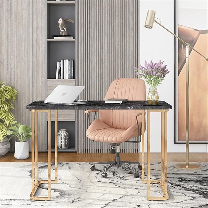 Bowery Hill Contemporary Metal Writing Desk 47.25W x 23.63D x 30.5H Steel and MDF Black and Gold Finish Rounded Corners Built-in USB Power Strip Faux Marble Top Home Office or Bedroom Desk