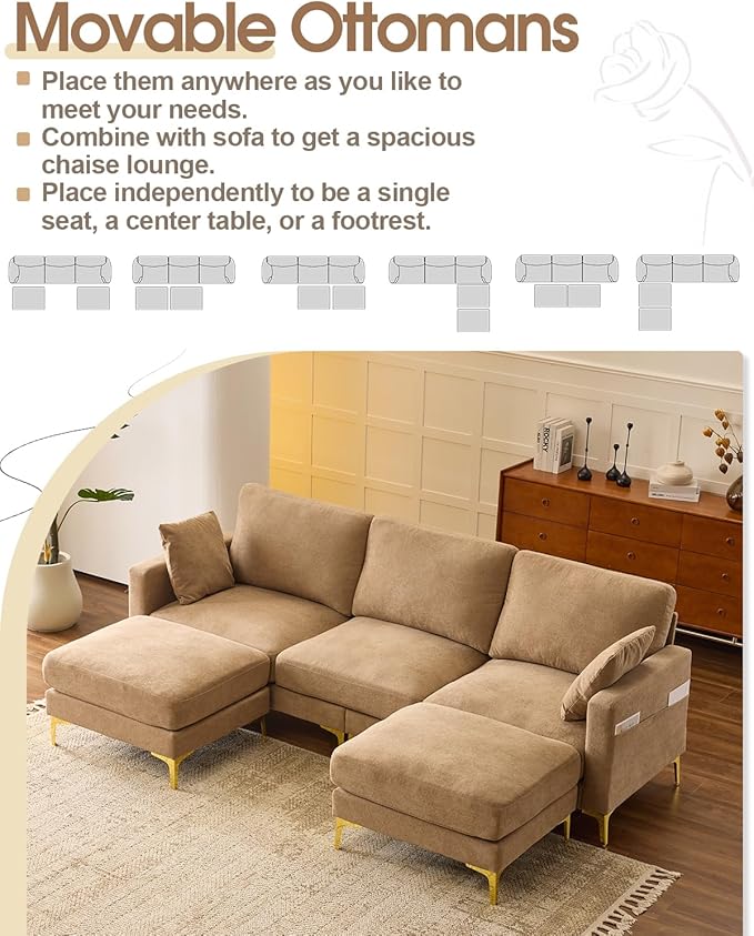 Karl home 99.6 Sectional Sofa U-Shaped Chenille Upholstered Couch with 2 Movable Ottomans 3-Seater Cloud Couches Comfy Deep Seat Sofa for Living Room Apartment Office Khaki
