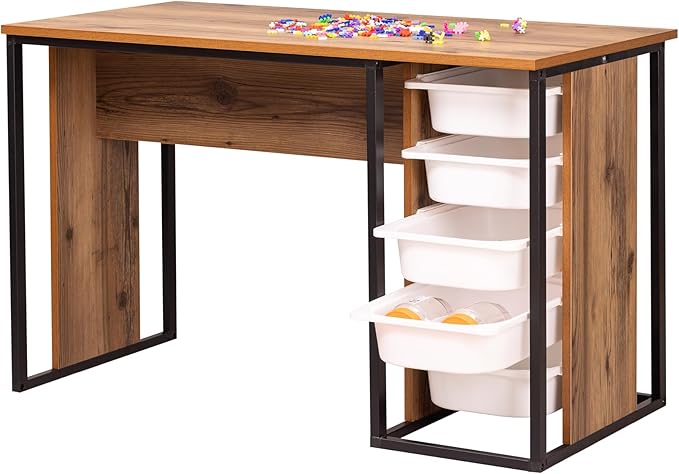 Comfyt Modern Rustic Brown Medium Desk with 5 Drawers Space-Saving Multi-Functional Perfect for Home Office Study Gaming Crafting
