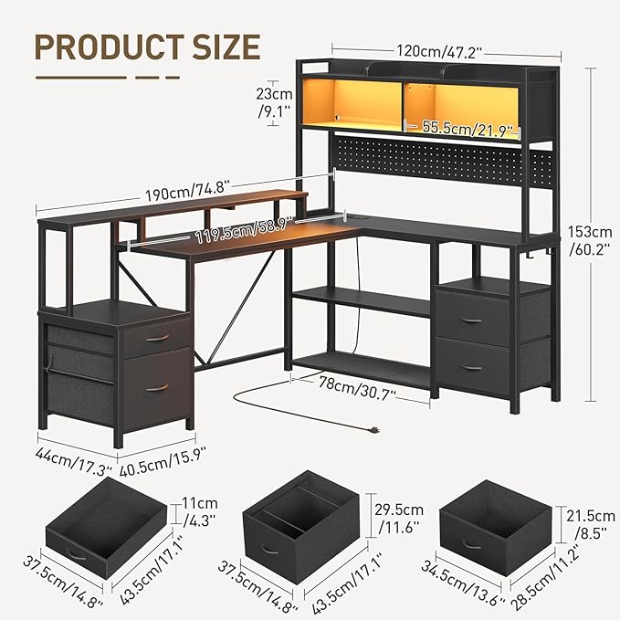 75inch L Shaped Computer Desk with Drawers Large Gaming Desk with LED Light &amp Power Outlets Corner Computer Desk with Storage Shelves &amp Monitor Stand for Home Office Black