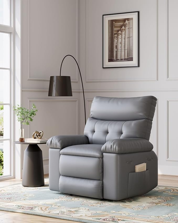 Garvee Manual Recliner PU Leather Living Room Chair Adjustable Reclining Chair Oversized Home Theater with Massage &amp Heat - Gray